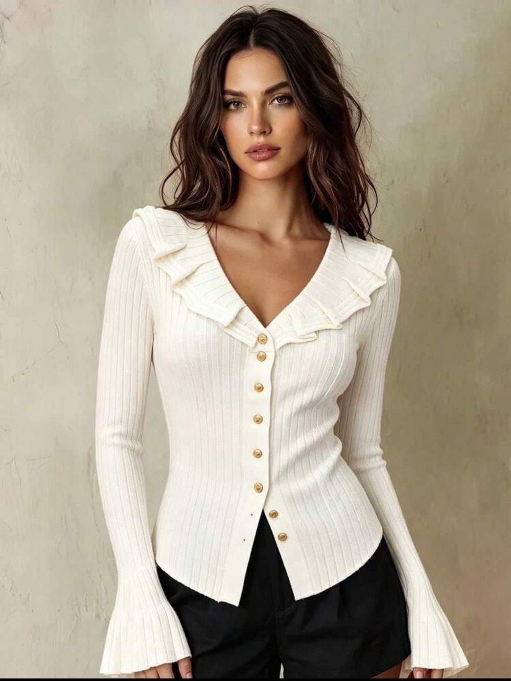 Ribbed V-Neck Ruffle Gold Button-Front Cardigan Sweater